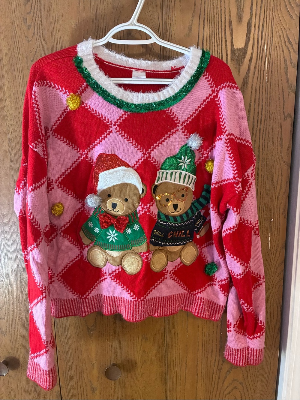 Holiday Time Christmas Teddy Bear Sweater Pink Red Argyle XL 16-18
